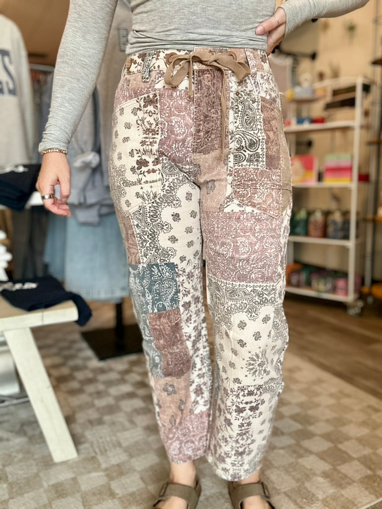 Millie Printed Barrel Pants-Risen-R3vel Threads, Women's Fashion Boutique, Located in Hudsonville, Michigan