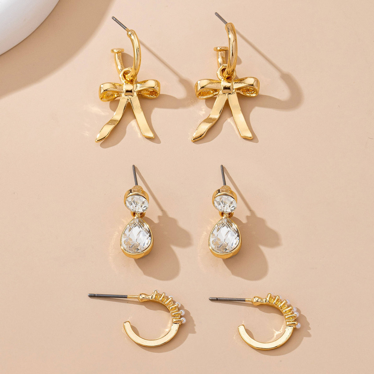 Pearl Crystal Teardrop Bow Trio Earring Set-JOSSLYN by wall to wall-R3vel Threads, Women's Fashion Boutique, Located in Hudsonville, Michigan