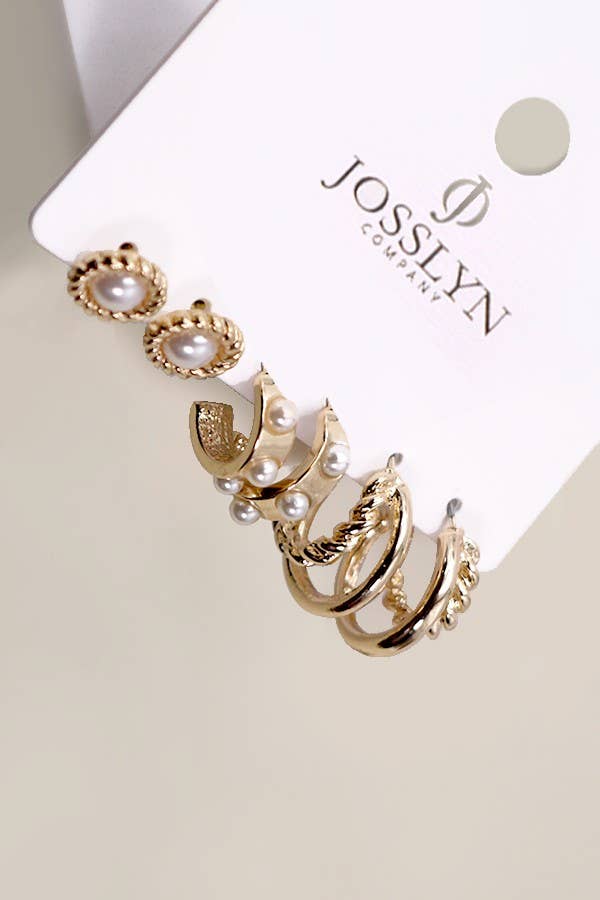 GOLD PEARL HOOP STUD TRIO EARRINGS-JOSSLYN by wall to wall-R3vel Threads, Women's Fashion Boutique, Located in Hudsonville, Michigan