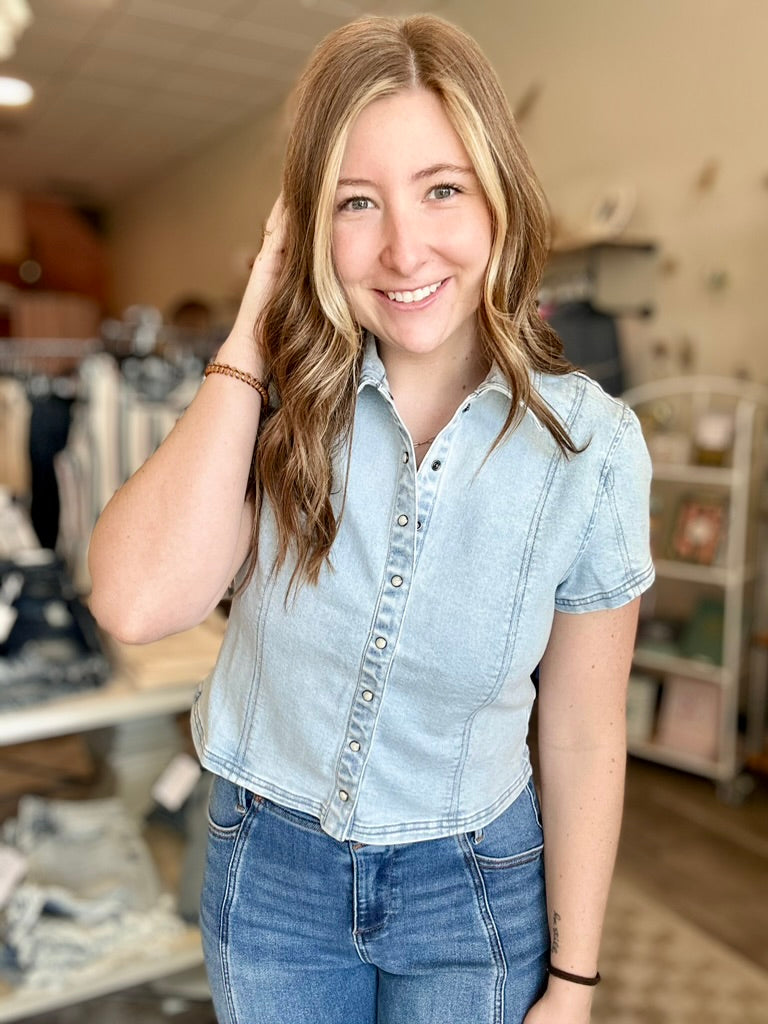 Evelyn Denim Top-Risen-R3vel Threads, Women's Fashion Boutique, Located in Hudsonville, Michigan