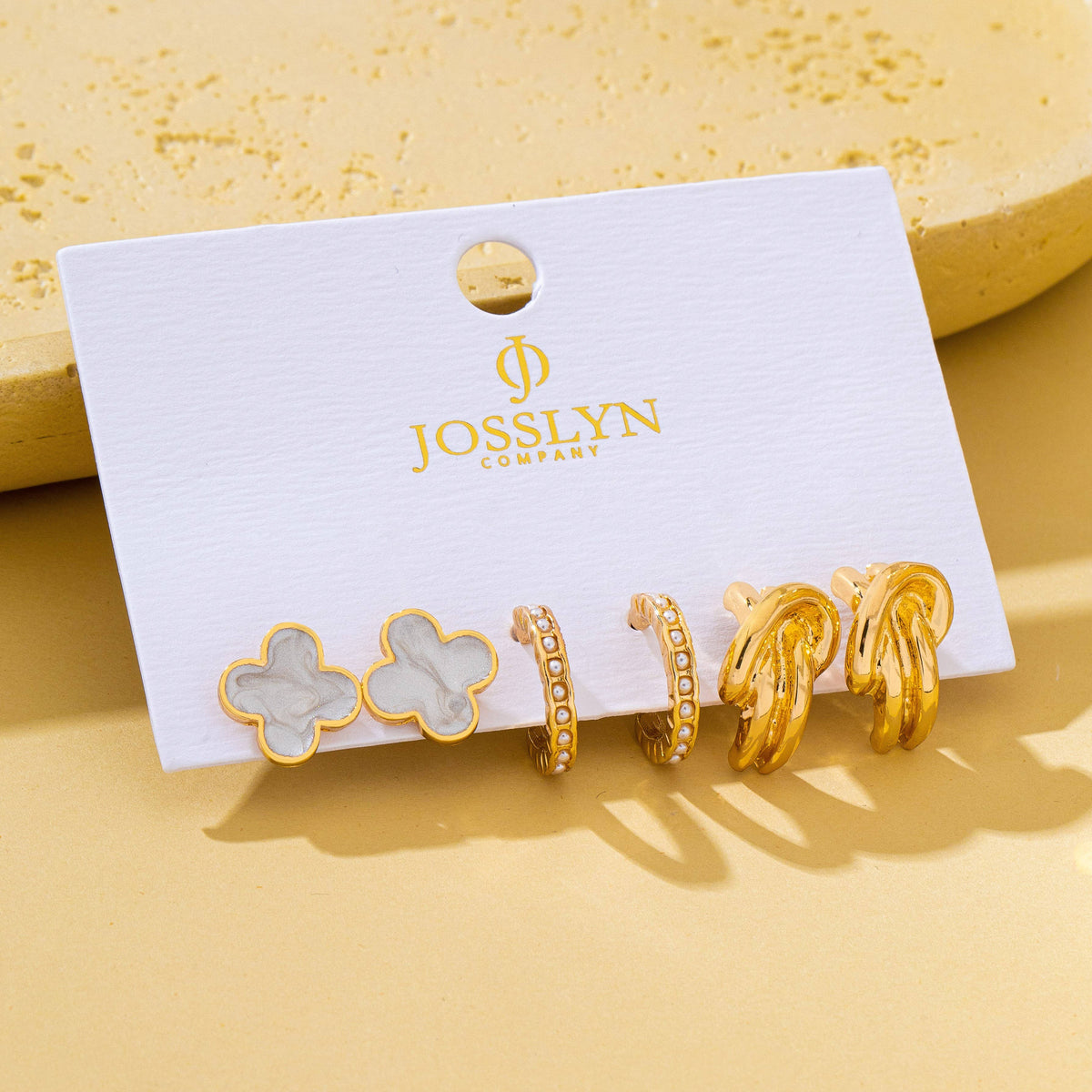 Gold-Tone Clover Pearl Huggie Hoop Earring Trio