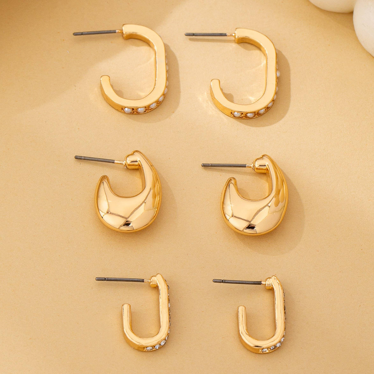 Rhinestone Pearl Huggie Hoop Trio Earrings | 80E62207-JOSSLYN by wall to wall-R3vel Threads, Women's Fashion Boutique, Located in Hudsonville, Michigan