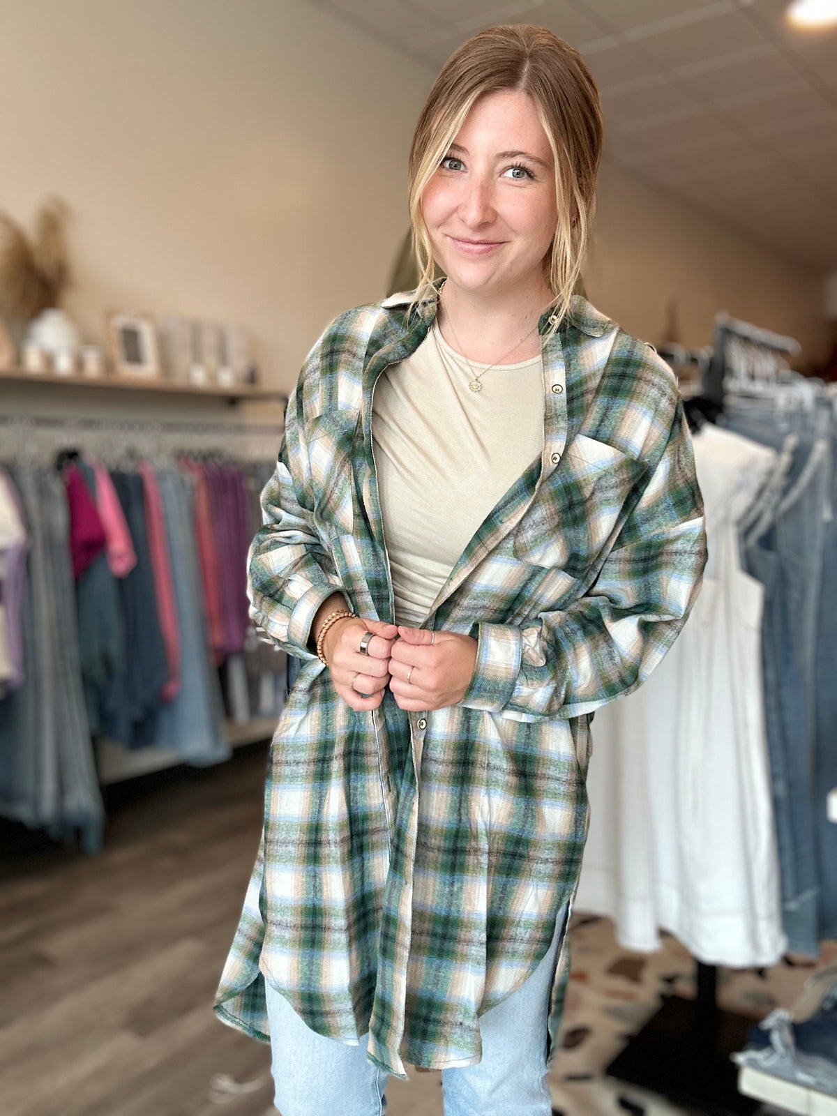 Esme Longline Button Down-mustard seed-R3vel Threads, Women's Fashion Boutique, Located in Hudsonville, Michigan