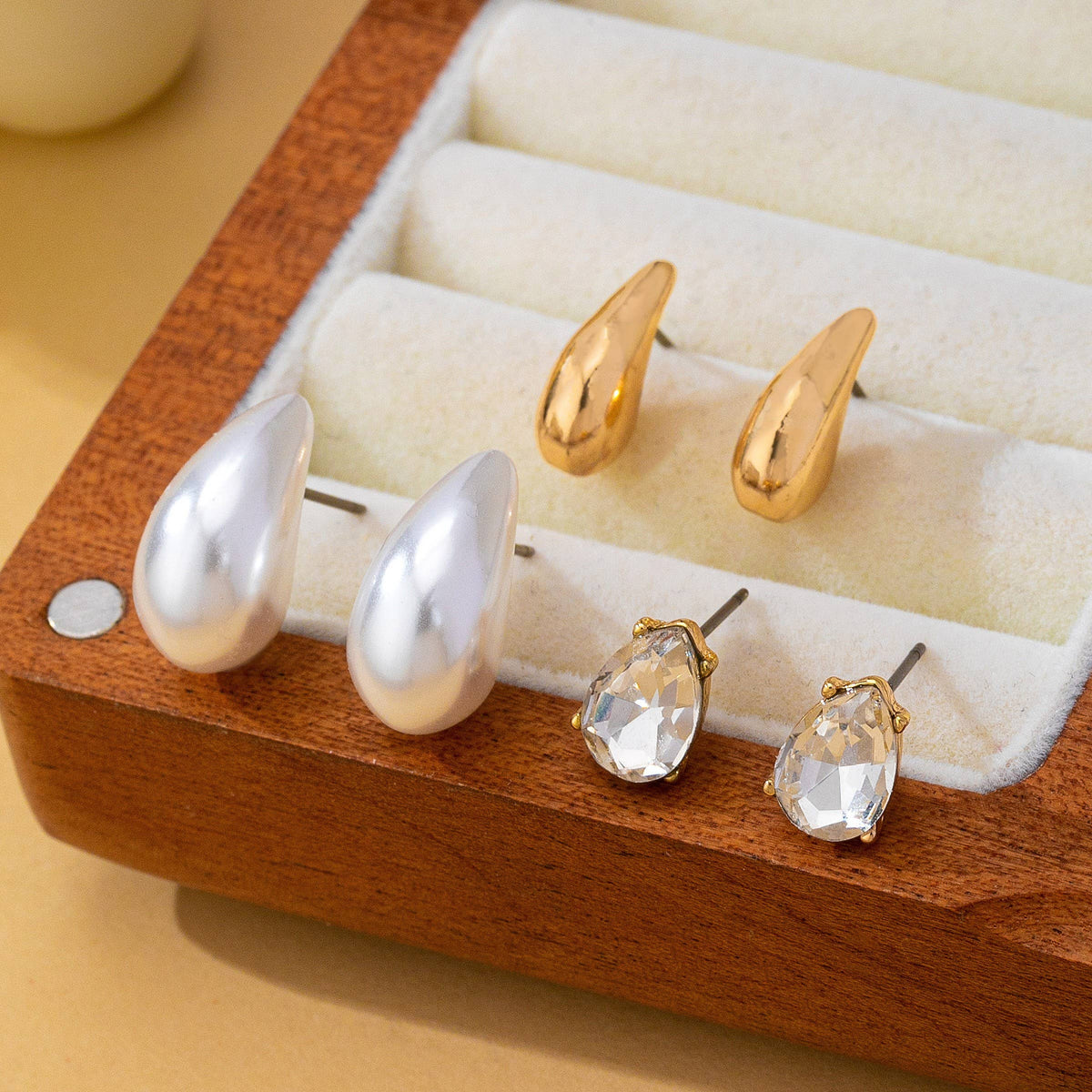 Teardrop Crystal Gold Pearl Trio Stud Earring Set-JOSSLYN by wall to wall-R3vel Threads, Women's Fashion Boutique, Located in Hudsonville, Michigan