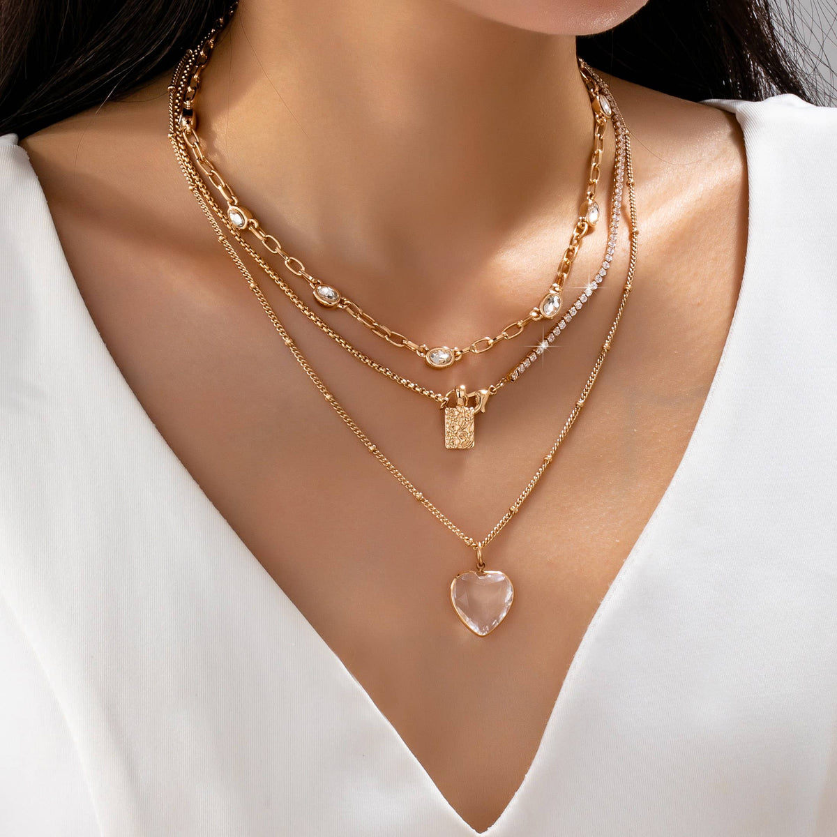 Multi Layered Rhinestone Heart Charm Necklace | 80N92691-JOSSLYN by wall to wall-R3vel Threads, Women's Fashion Boutique, Located in Hudsonville, Michigan