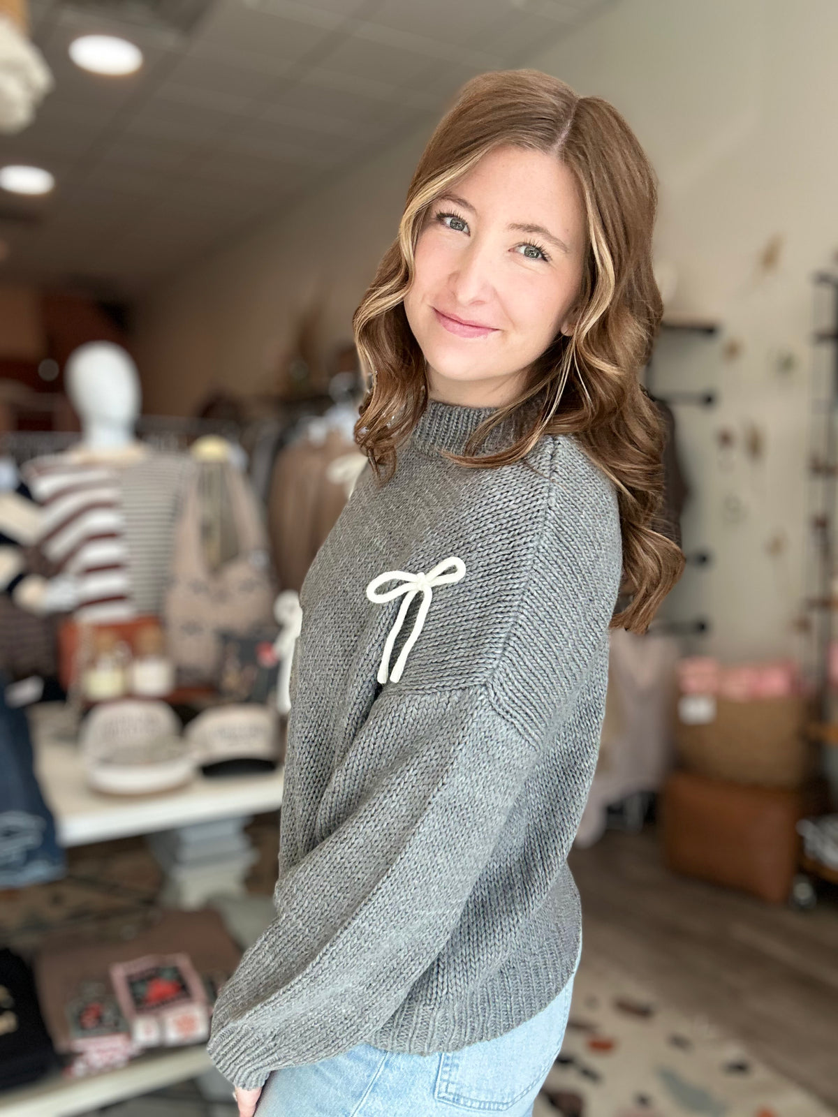 Chloe Bow Sweater-Blu Pepper-R3vel Threads, Women's Fashion Boutique, Located in Hudsonville, Michigan