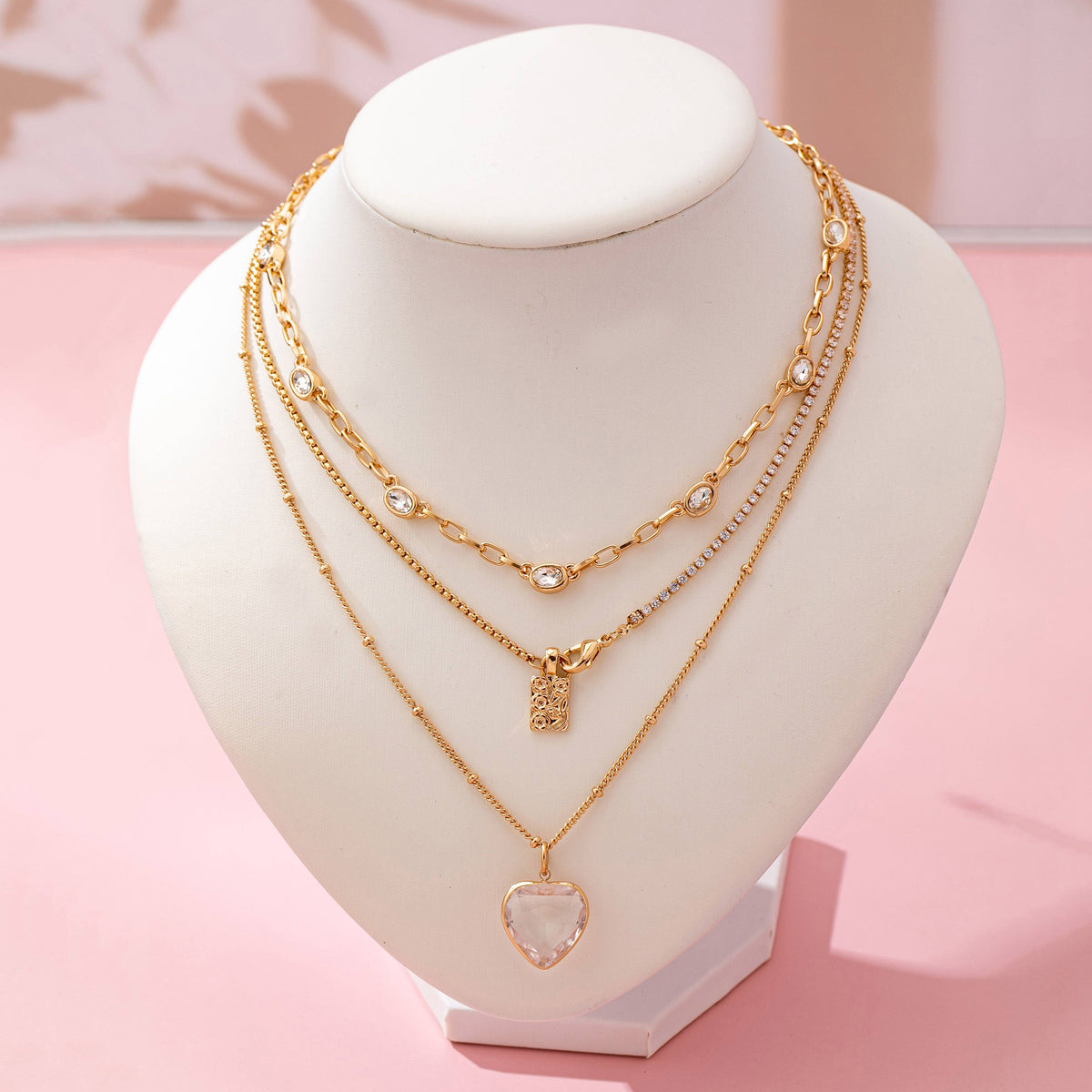 Multi Layered Rhinestone Heart Charm Necklace | 80N92691-JOSSLYN by wall to wall-R3vel Threads, Women's Fashion Boutique, Located in Hudsonville, Michigan