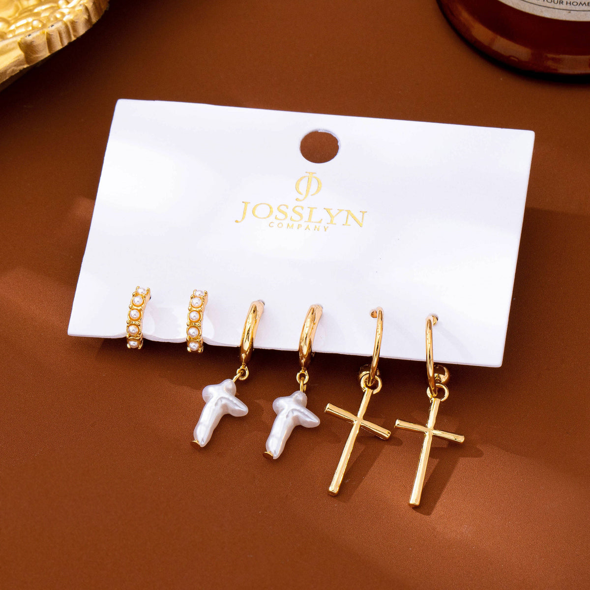 Cross Charm Huggie Hoop Trio Earrings Set-JOSSLYN by wall to wall-R3vel Threads, Women's Fashion Boutique, Located in Hudsonville, Michigan