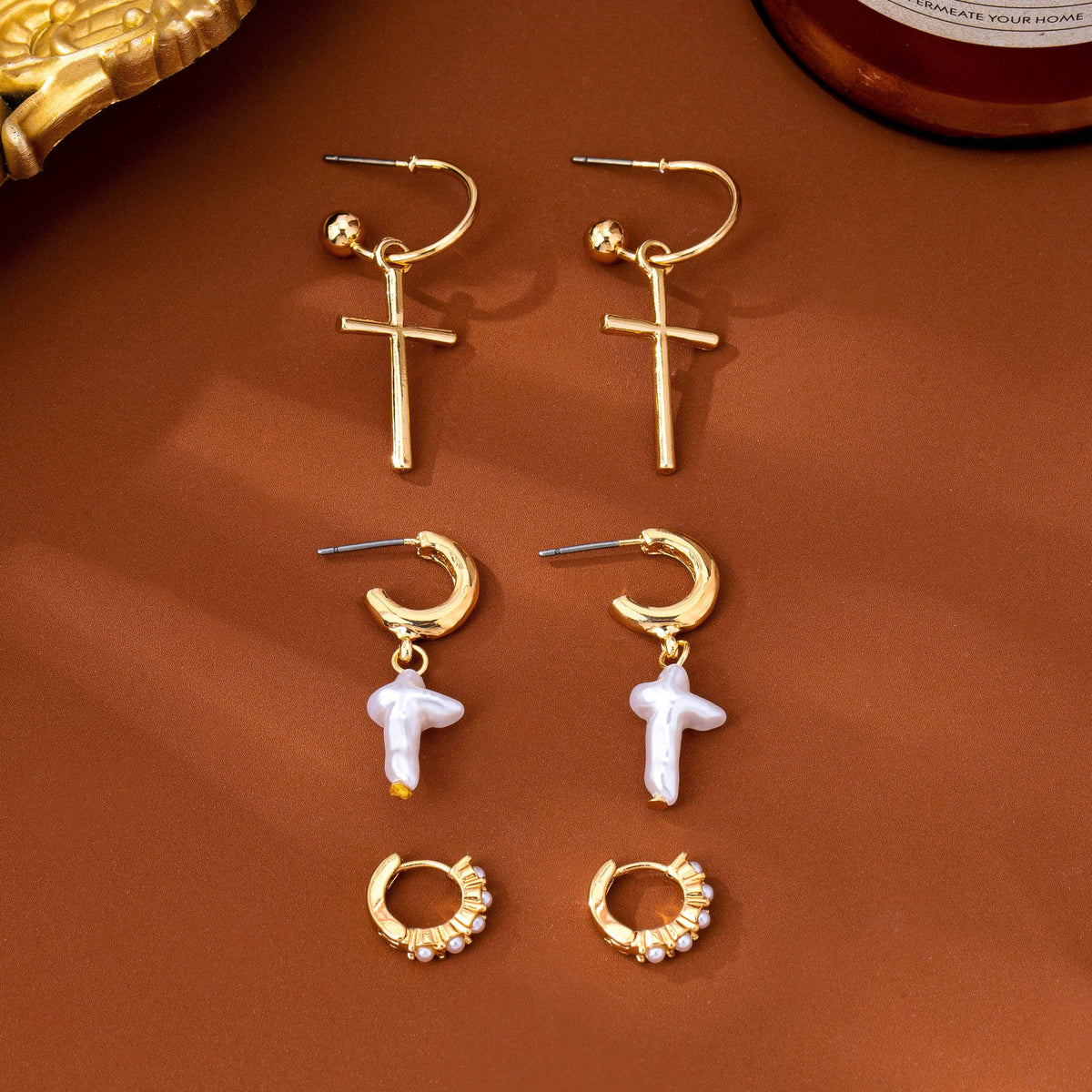 Cross Charm Huggie Hoop Trio Earrings Set-JOSSLYN by wall to wall-R3vel Threads, Women's Fashion Boutique, Located in Hudsonville, Michigan