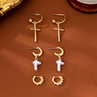 Cross Charm Huggie Hoop Trio Earrings Set-JOSSLYN by wall to wall-R3vel Threads, Women's Fashion Boutique, Located in Hudsonville, Michigan