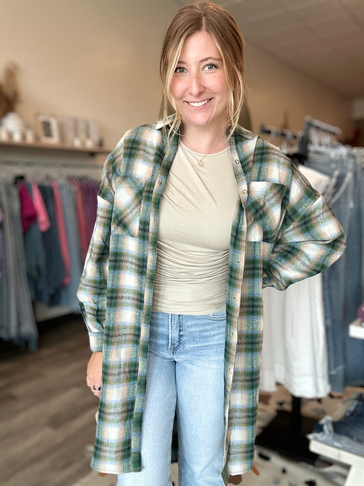 Esme Longline Button Down-mustard seed-R3vel Threads, Women's Fashion Boutique, Located in Hudsonville, Michigan