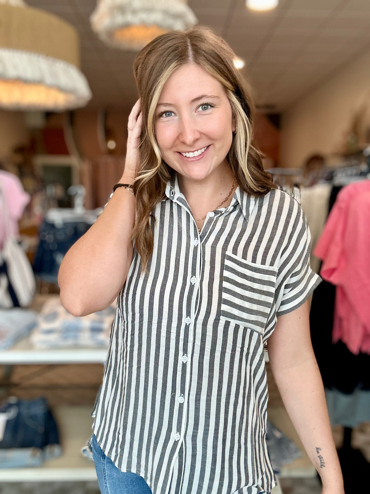 Rina Short Sleeve Button Up-Doe & Rae-R3vel Threads, Women's Fashion Boutique, Located in Hudsonville, Michigan