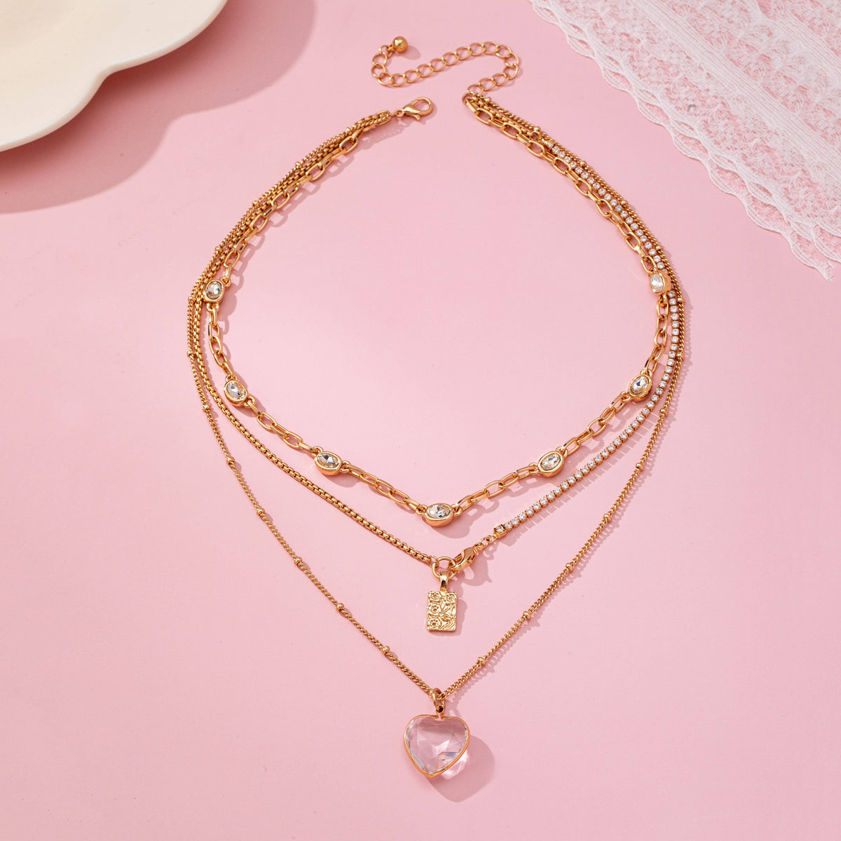 Multi Layered Rhinestone Heart Charm Necklace | 80N92691-JOSSLYN by wall to wall-R3vel Threads, Women's Fashion Boutique, Located in Hudsonville, Michigan