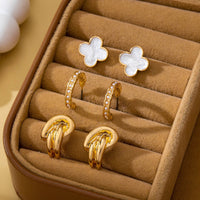 Gold-Tone Clover Pearl Huggie Hoop Earring Trio