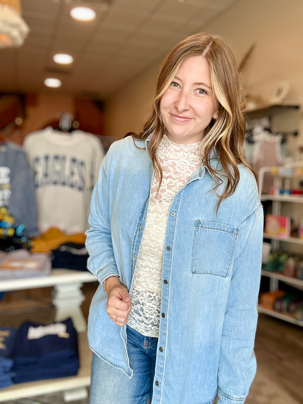Jayla Denim Shirt-Risen-R3vel Threads, Women's Fashion Boutique, Located in Hudsonville, Michigan
