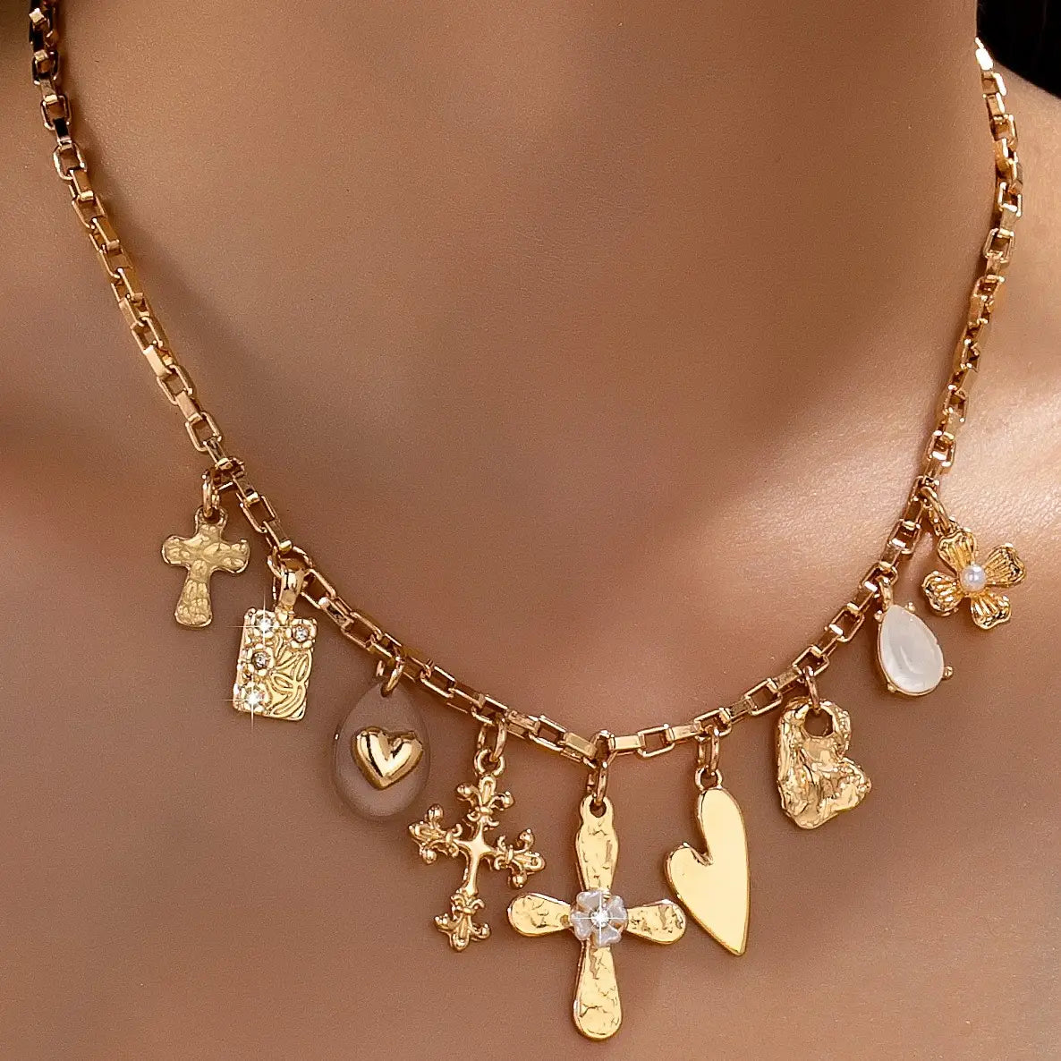 Vintage Gold Cross & Heart Charm Necklace
