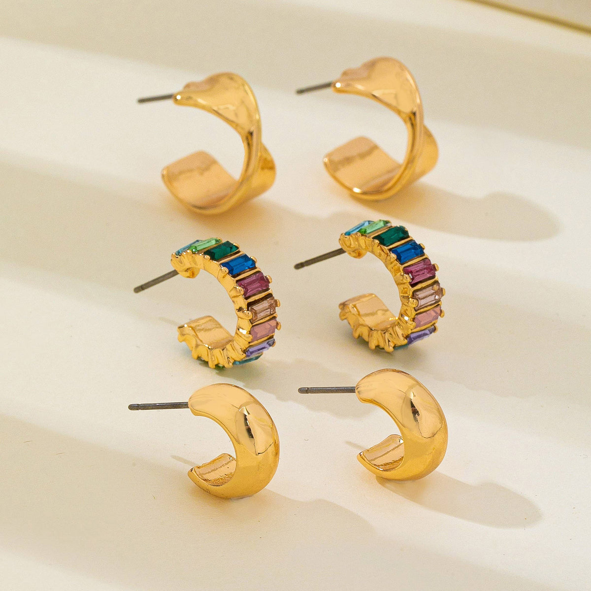 Multi Colored Baguette Twisted Hoop Trio