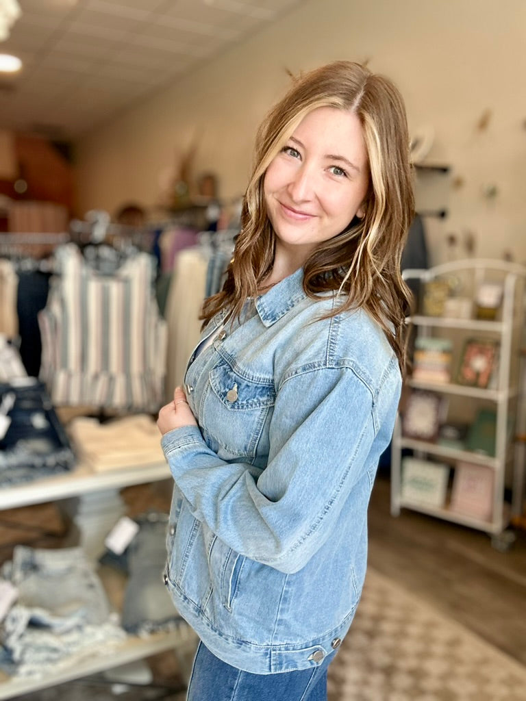 Bentley Denim Jacket-Risen-R3vel Threads, Women's Fashion Boutique, Located in Hudsonville, Michigan