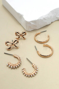 BOW PEARL STUDDED GOLD HOOP TRIO EARRINGS
