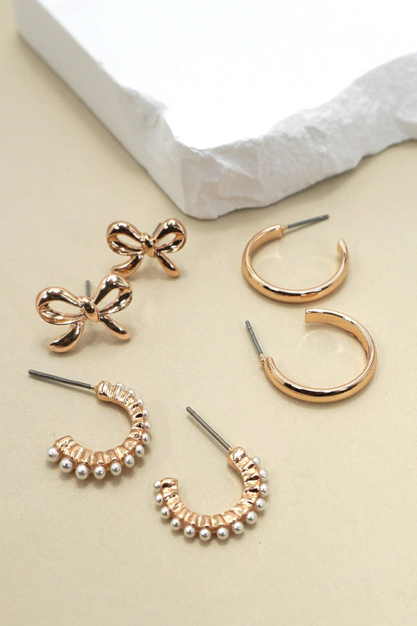 BOW PEARL STUDDED GOLD HOOP TRIO EARRINGS-JOSSLYN by wall to wall-R3vel Threads, Women's Fashion Boutique, Located in Hudsonville, Michigan