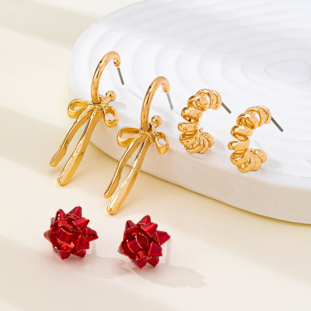 Holiday Present Bow & Ribbon Hoop Earring Set