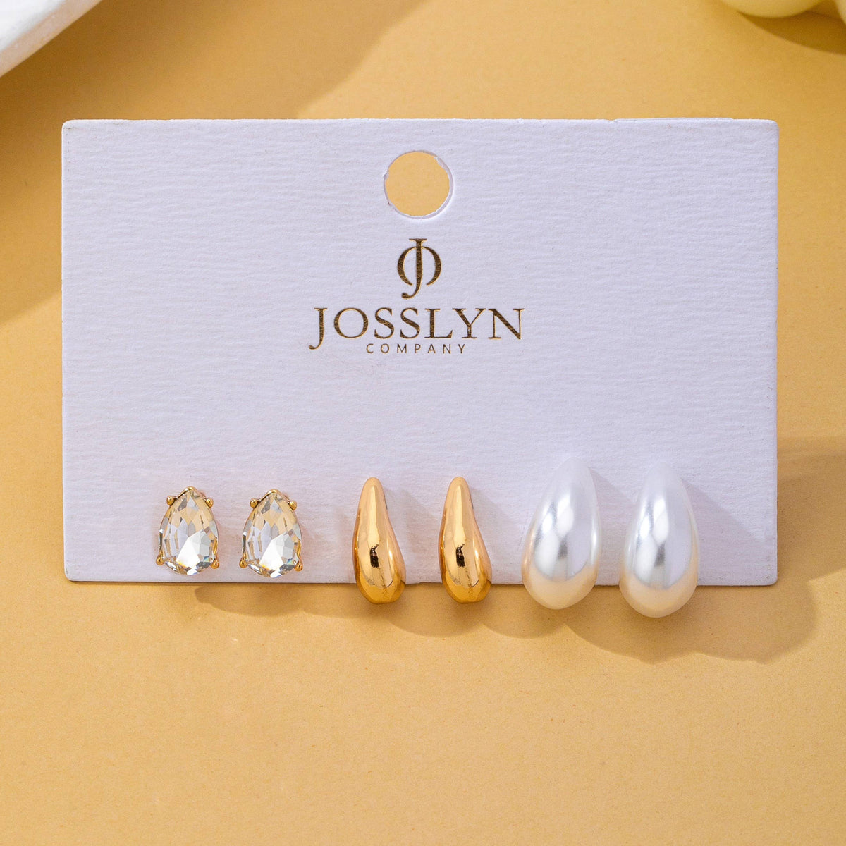 Teardrop Crystal Gold Pearl Trio Stud Earring Set-JOSSLYN by wall to wall-R3vel Threads, Women's Fashion Boutique, Located in Hudsonville, Michigan