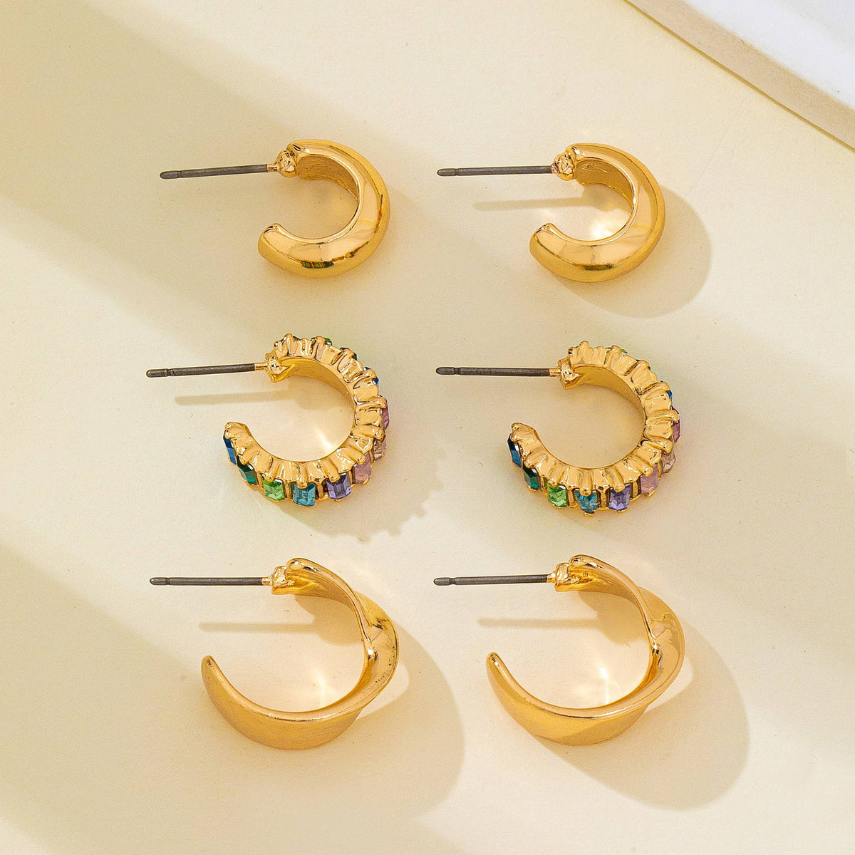 Multi Colored Baguette Twisted Hoop Trio