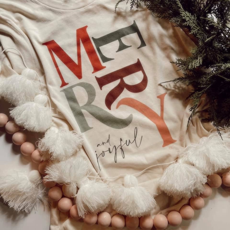 Merry + Joyful Christmas Tee-Whitney | Chaudoin Creations-R3vel Threads, Women's Fashion Boutique, Located in Hudsonville, Michigan