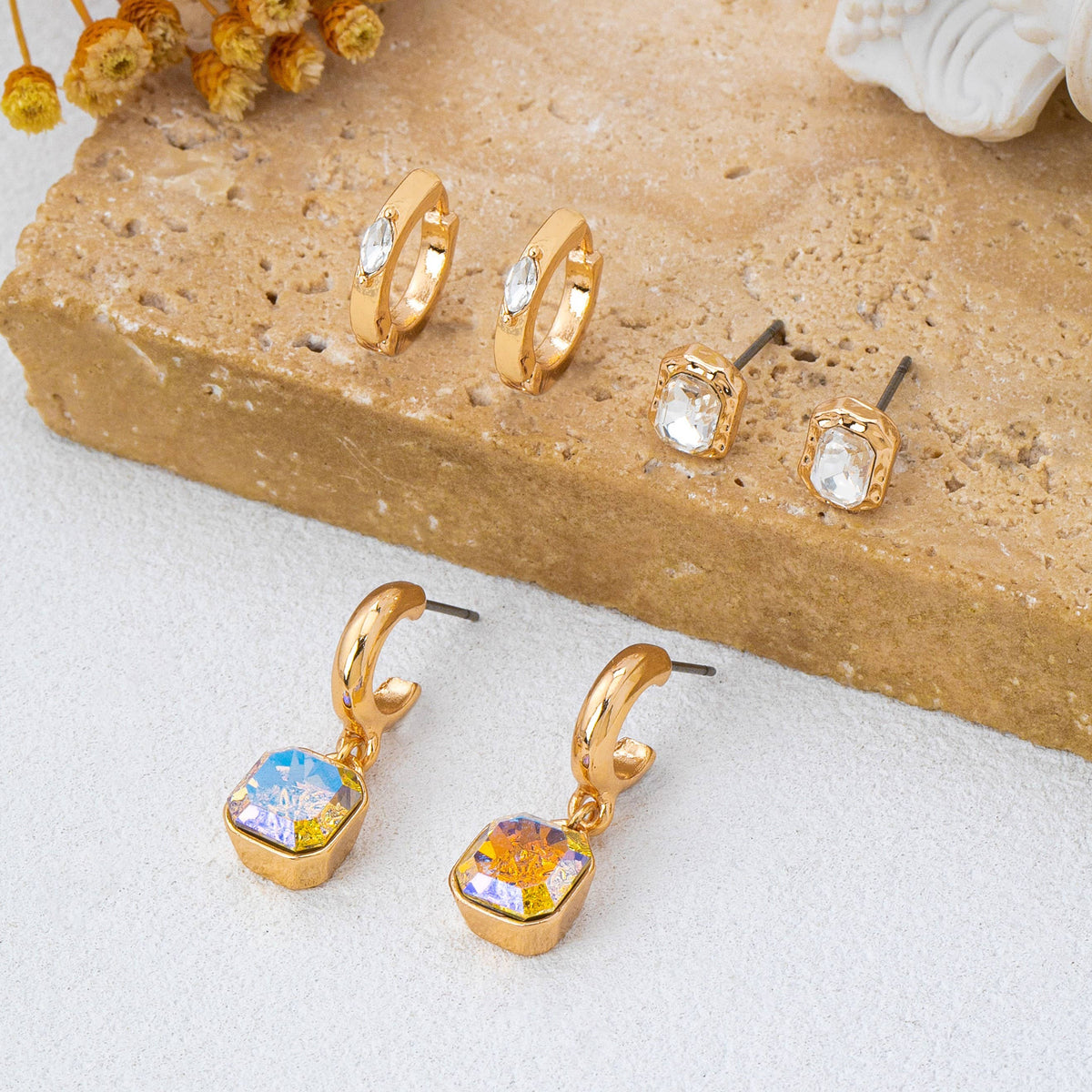 Whimsical Crystal Glass Huggie & Stud Earring Set-JOSSLYN by wall to wall-R3vel Threads, Women's Fashion Boutique, Located in Hudsonville, Michigan
