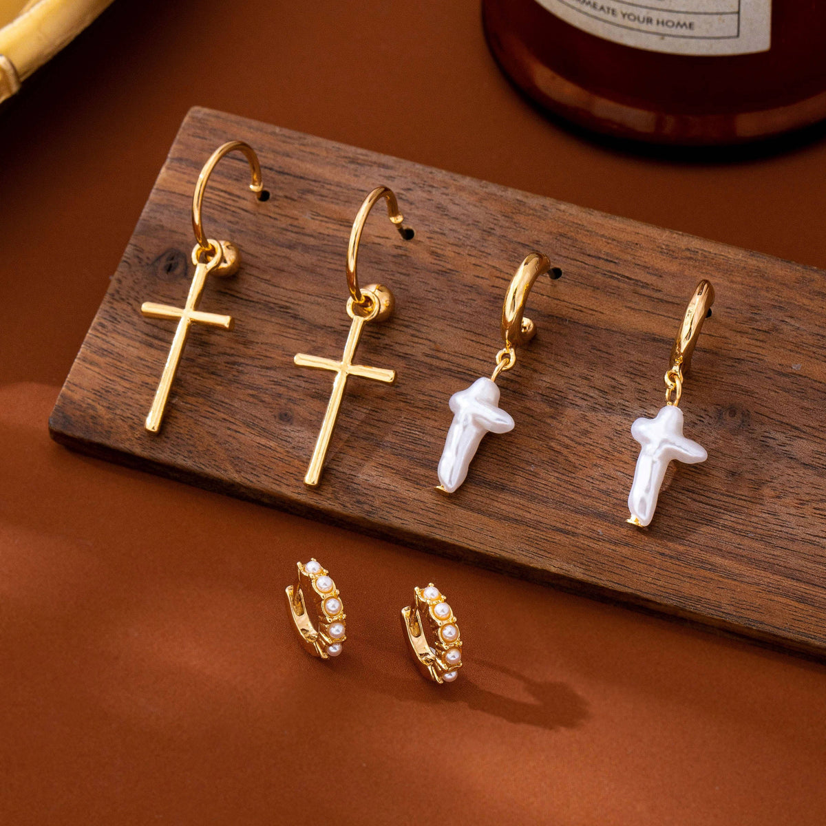 Cross Charm Huggie Hoop Trio Earrings Set-JOSSLYN by wall to wall-R3vel Threads, Women's Fashion Boutique, Located in Hudsonville, Michigan