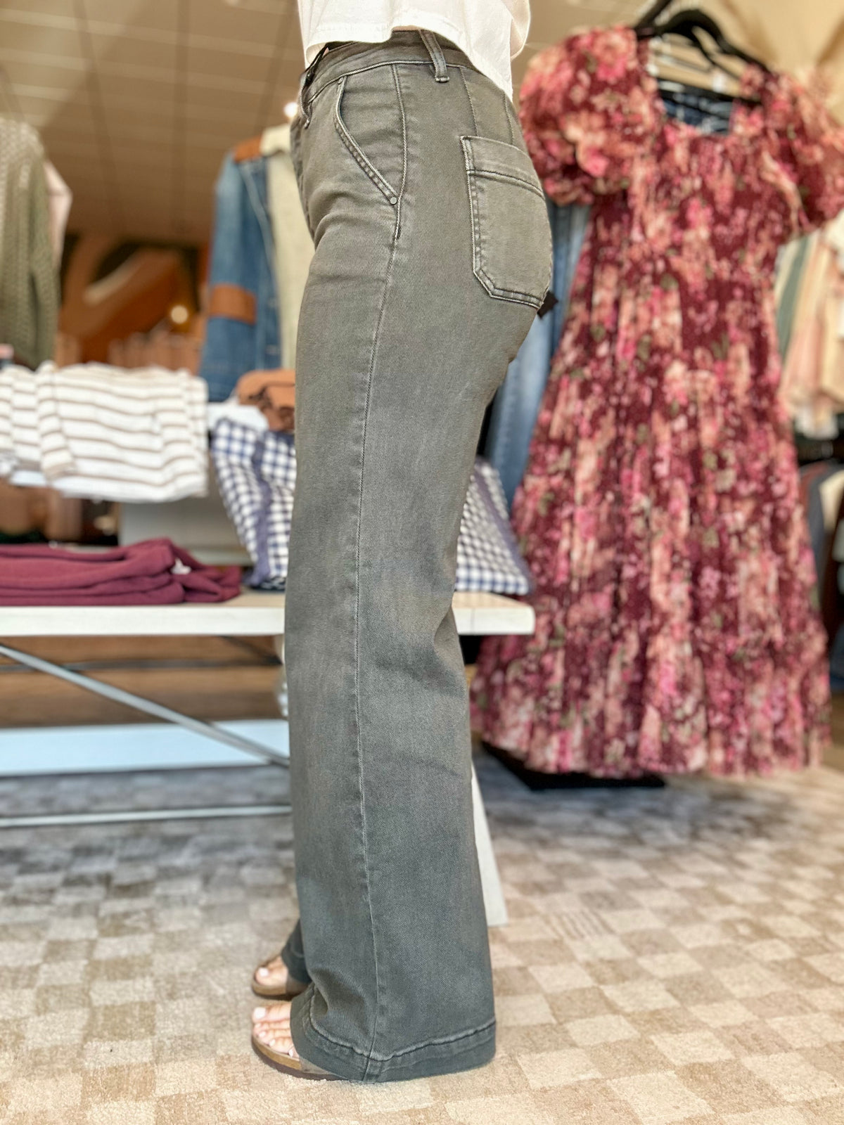 Mila Forest Shadow Wide Leg Jeans-Risen-R3vel Threads, Women's Fashion Boutique, Located in Hudsonville, Michigan