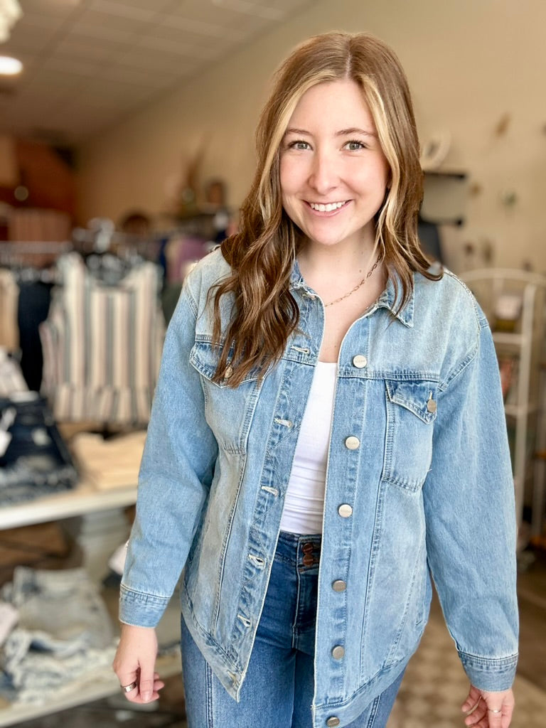 Bentley Denim Jacket-Risen-R3vel Threads, Women's Fashion Boutique, Located in Hudsonville, Michigan