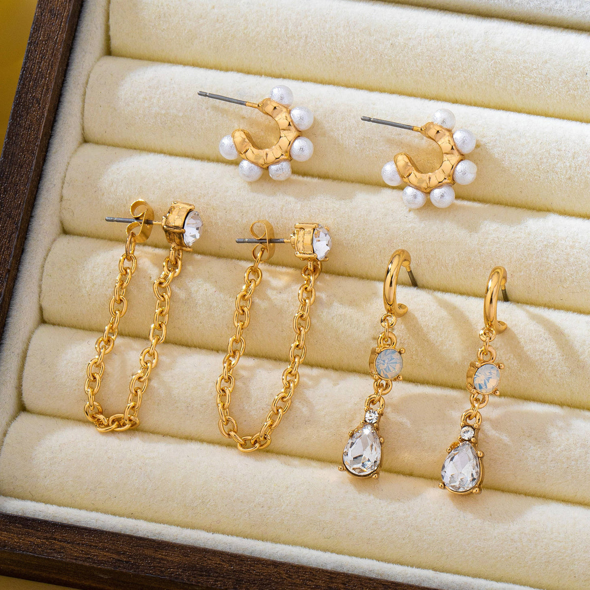 Pearl Hoop Crystal Drop Chain Trio Earring Set-JOSSLYN by wall to wall-R3vel Threads, Women's Fashion Boutique, Located in Hudsonville, Michigan