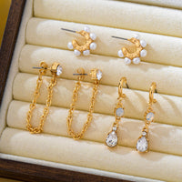 Pearl Hoop Crystal Drop Chain Trio Earring Set-JOSSLYN by wall to wall-R3vel Threads, Women's Fashion Boutique, Located in Hudsonville, Michigan