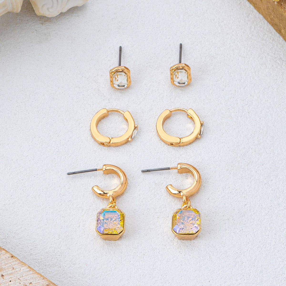 Whimsical Crystal Glass Huggie & Stud Earring Set-JOSSLYN by wall to wall-R3vel Threads, Women's Fashion Boutique, Located in Hudsonville, Michigan