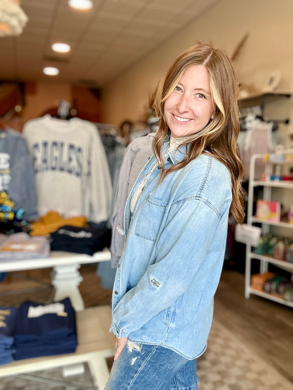 Jayla Denim Shirt-Risen-R3vel Threads, Women's Fashion Boutique, Located in Hudsonville, Michigan