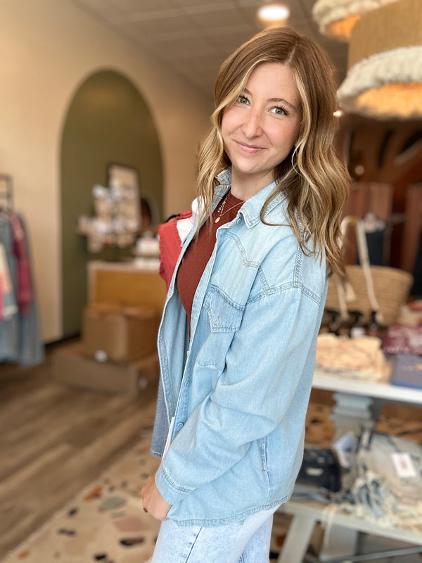 Rowan Lightweight Denim Jacket-Risen-R3vel Threads, Women's Fashion Boutique, Located in Hudsonville, Michigan