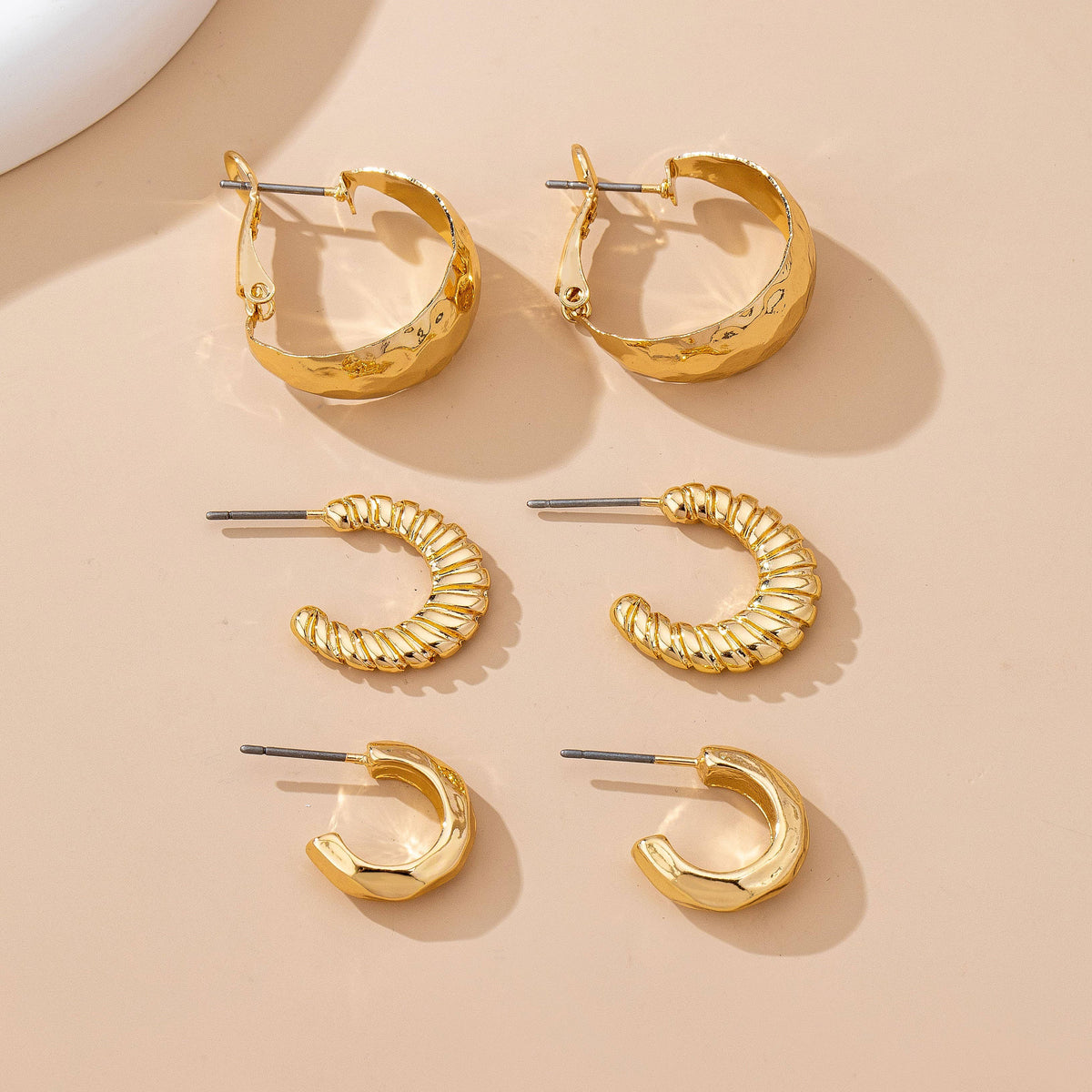Mixed Texture Gold Crescent Hoop Trio Earring Set-JOSSLYN by wall to wall-R3vel Threads, Women's Fashion Boutique, Located in Hudsonville, Michigan