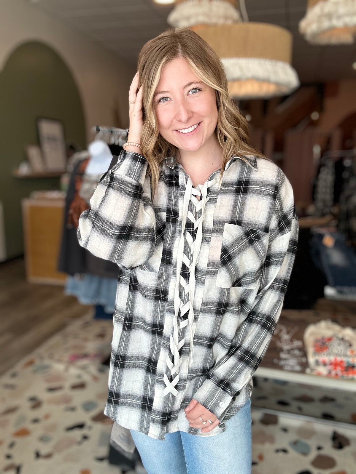 Tilly Lace Up Plaid-Bibi-R3vel Threads, Women's Fashion Boutique, Located in Hudsonville, Michigan