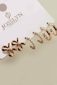BOW PEARL STUDDED GOLD HOOP TRIO EARRINGS