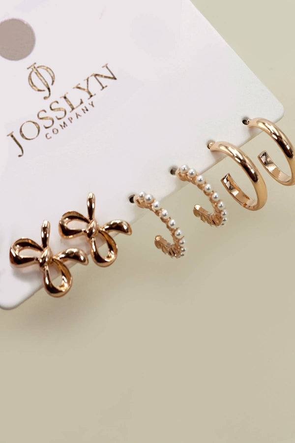 BOW PEARL STUDDED GOLD HOOP TRIO EARRINGS-JOSSLYN by wall to wall-R3vel Threads, Women's Fashion Boutique, Located in Hudsonville, Michigan