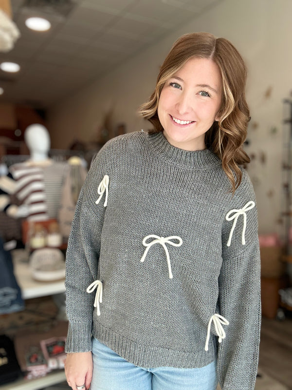 Chloe Bow Sweater-Blu Pepper-R3vel Threads, Women's Fashion Boutique, Located in Hudsonville, Michigan