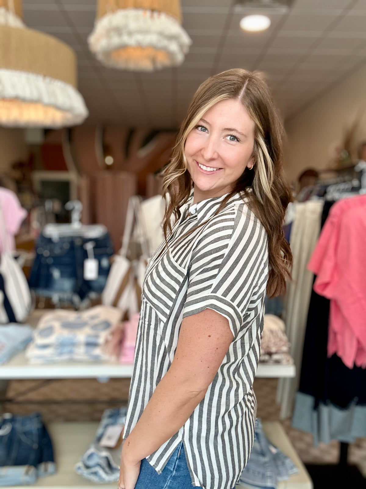 Rina Short Sleeve Button Up-Doe & Rae-R3vel Threads, Women's Fashion Boutique, Located in Hudsonville, Michigan