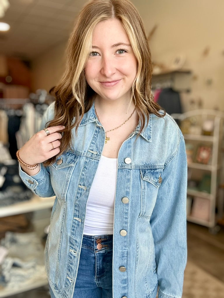 Bentley Denim Jacket-Risen-R3vel Threads, Women's Fashion Boutique, Located in Hudsonville, Michigan