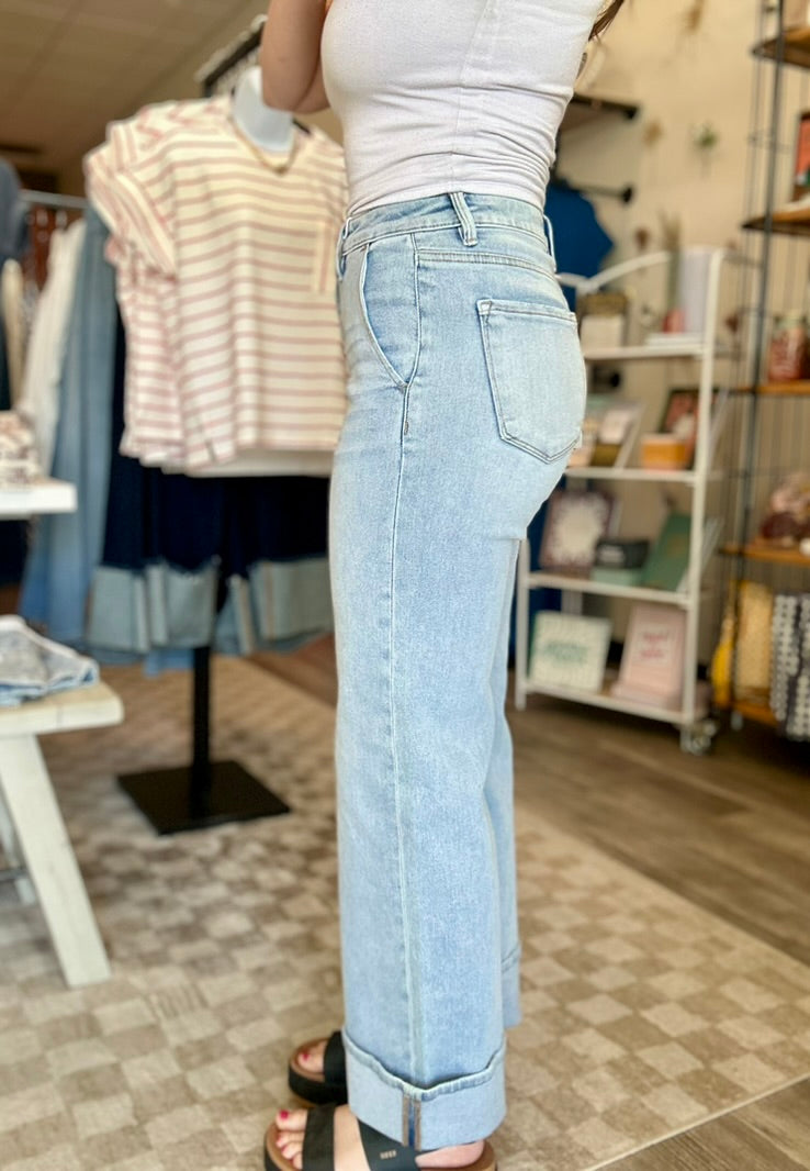 Talia Cuff Straight Denim-Risen-R3vel Threads, Women's Fashion Boutique, Located in Hudsonville, Michigan