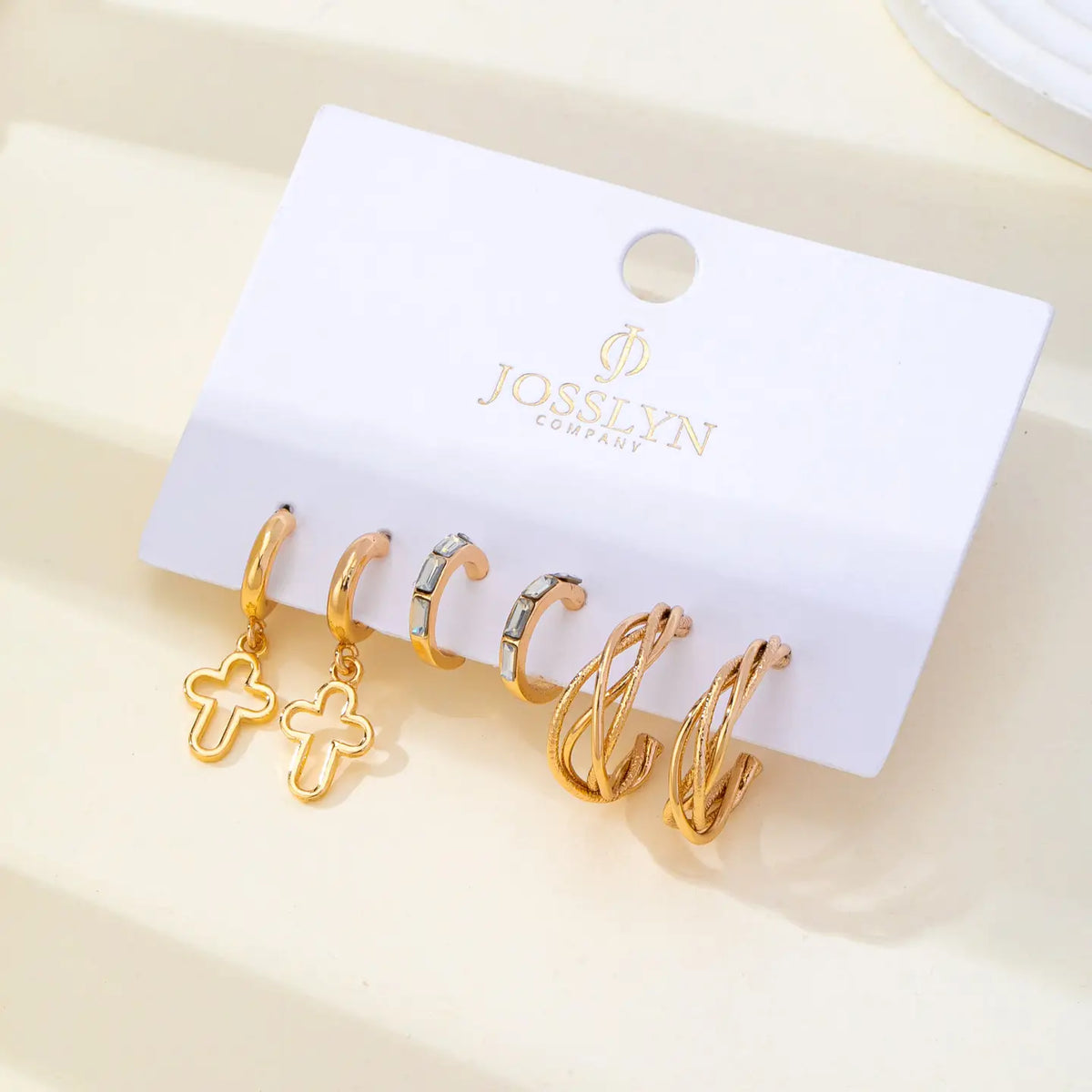 Gold-Tone Cross Baguette Hoop Earring Trio Set