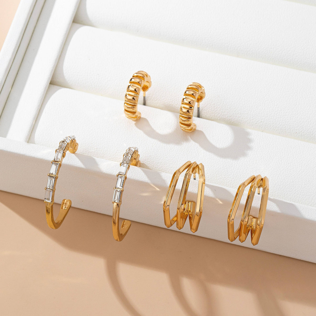 Baguette Stone Hoop, Geo Hoop Trio Earrings