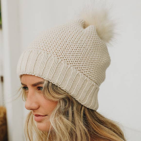 Chunky Knit Pom Beanie with Faux Sherpa Lining-Leto Accessories-R3vel Threads, Women's Fashion Boutique, Located in Hudsonville, Michigan