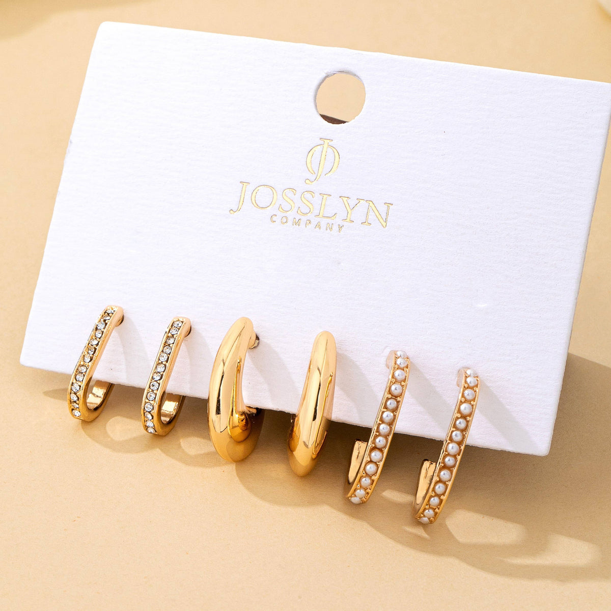 Rhinestone Pearl Huggie Hoop Trio Earrings | 80E62207-JOSSLYN by wall to wall-R3vel Threads, Women's Fashion Boutique, Located in Hudsonville, Michigan