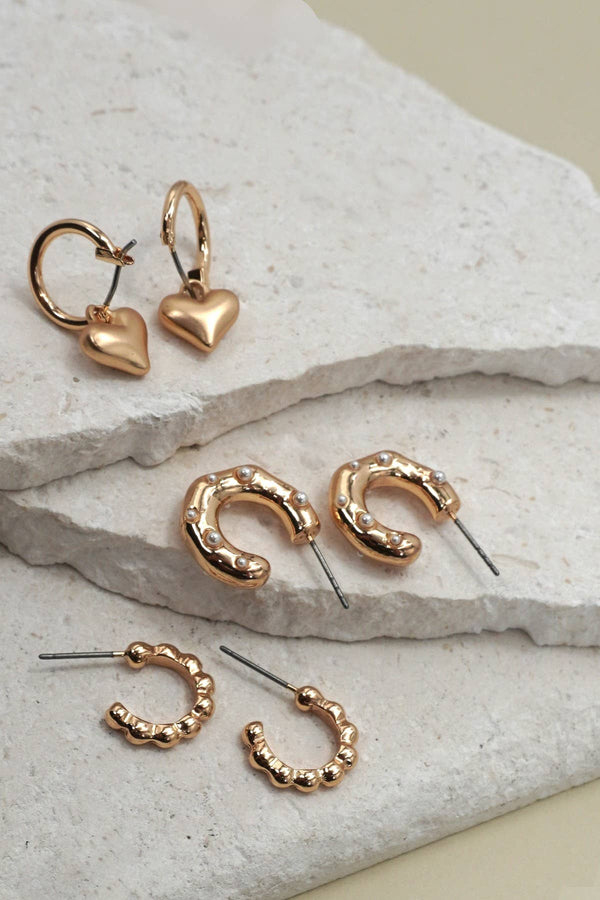 HEART DROP PEARL STUDED HOOP TRIO EARRINGS | 80E6397-JOSSLYN by wall to wall-R3vel Threads, Women's Fashion Boutique, Located in Hudsonville, Michigan